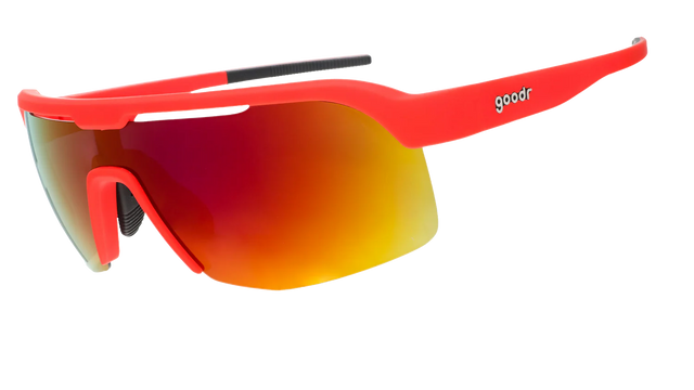 Side view of GOODR Dante's Shin Splint Inferno sunglasses with transparent frame and colorful lens accents.
