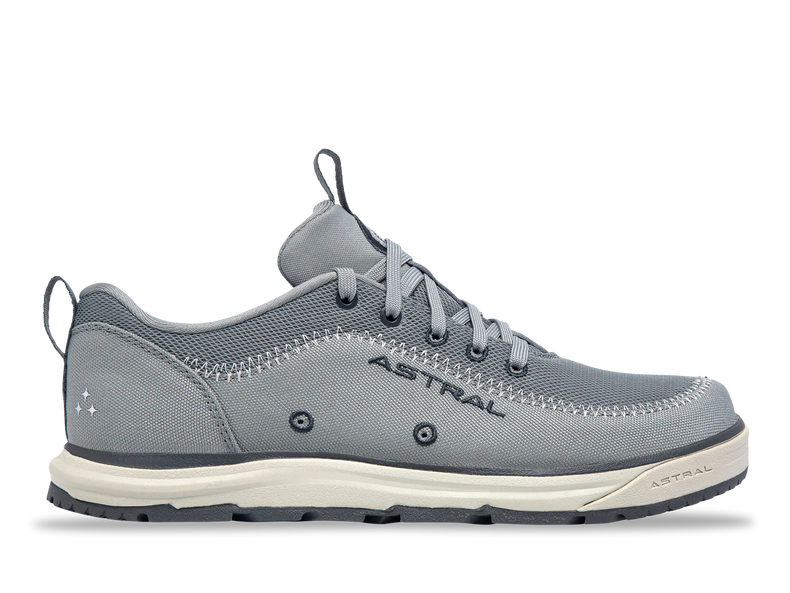 Astral Footwear Brewer 3.0 hiking shoe in lunar gray, showing the outside view with rugged sole and breathable upper material.