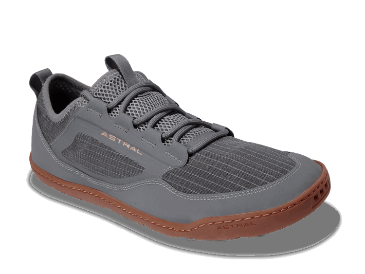 Men's Storm Gray Loyak AC shoes by Astral Footwear, angle view showing durable sneakers with breathable material and casual design.