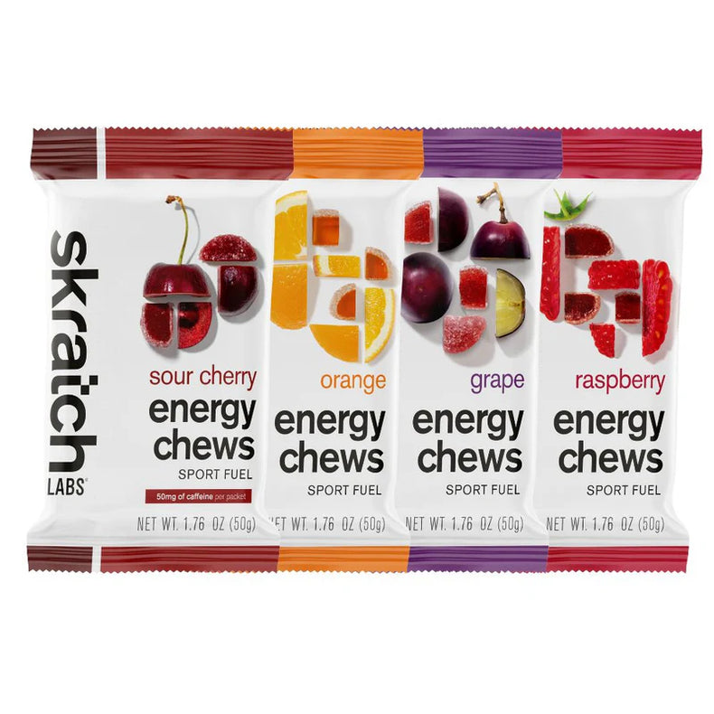 Four-pack of Skratch Energy Chews Sport Fuel in colorful packaging for quick energy and endurance during sports activities.