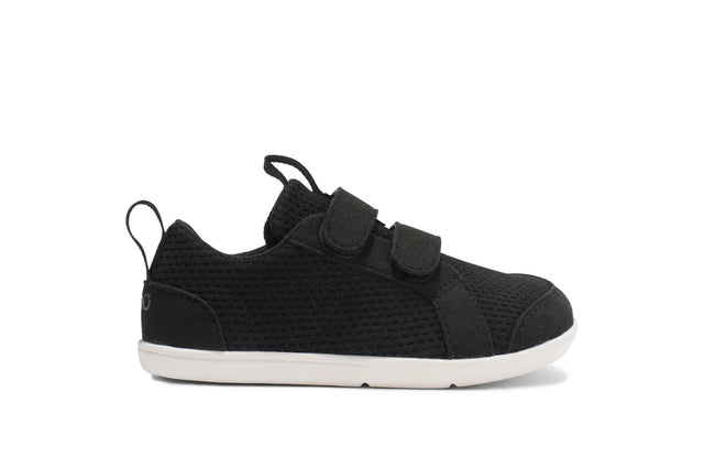 Black Xero Shoes Dillon Kids knit shoes shown from the right side, featuring a sleek design and comfortable fit for children.
