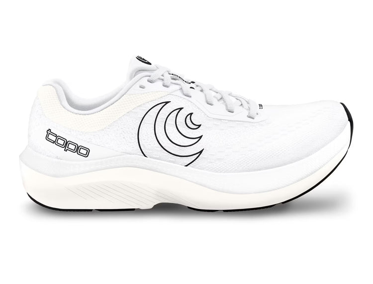 Topo Athletic Magnifly 6 men's running shoes in white and black with breathable mesh and cushioned soles.