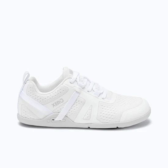 White Xero Shoes Prio Neo women's shoes shown from the right side, featuring a sleek design and comfortable fit.