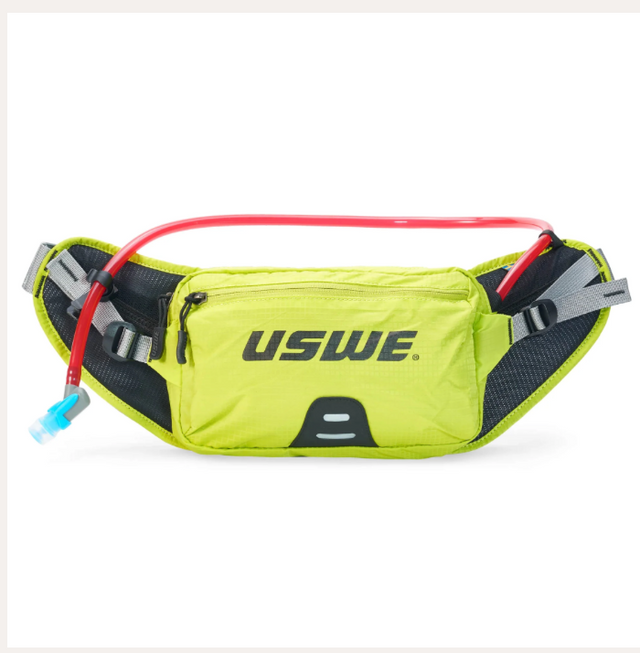 USWE Zulo 2 hydration waist pack with adjustable straps and water bottle holder, designed for outdoor activities and running.