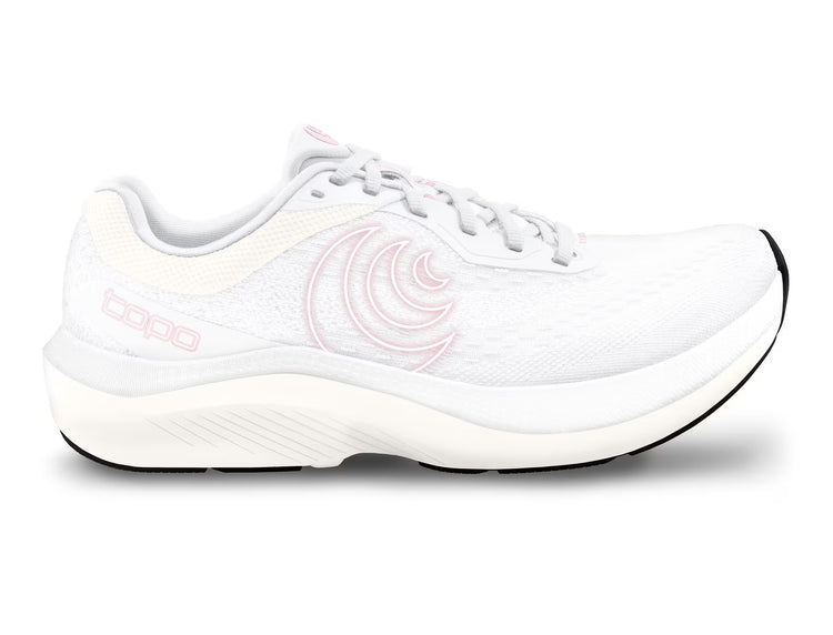 Topo Athletic Magnifly 6 women's running shoes in white and pink, featuring lightweight design and supportive cushioning.