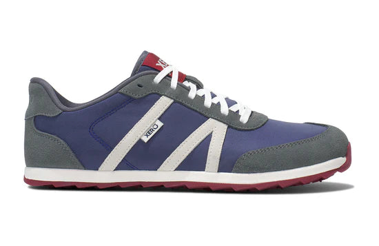 Xero Shoes Wynn men's blue, gray, and red casual shoes shown from right side, lightweight and breathable footwear.