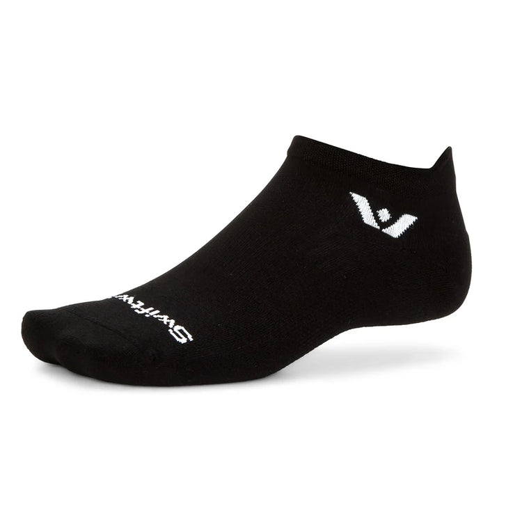 Swiftwick Aspire no-show circuit black socks featuring a sleek low-profile design and breathable fabric for comfortable wear.