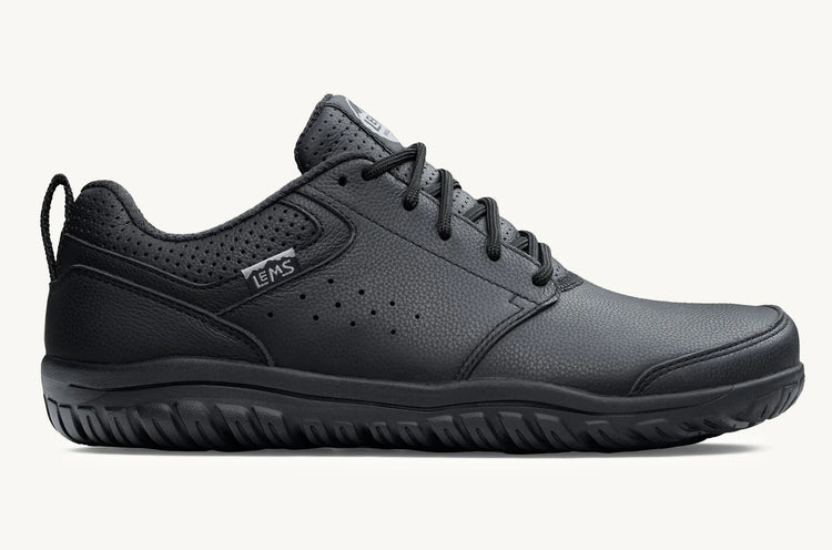 Lems Primal Zen leather shoes for unisex, ebony color, showing the right outside view with sleek design and durable leather material.