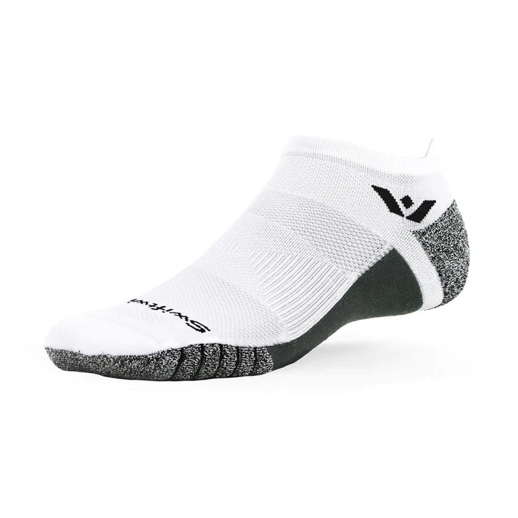 White Swiftwick Flite XT no-show sock with reinforced tab and low-profile design, ideal for running and athletic activities.