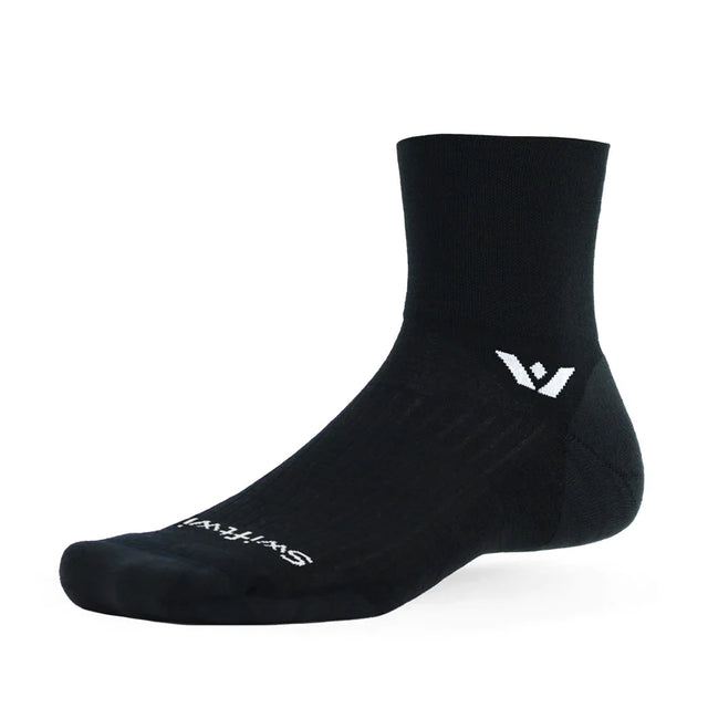 Black Swiftwick Pursuit quarter crew socks with high-cut design, featuring a sleek, athletic look and cushioned ankle for comfort.