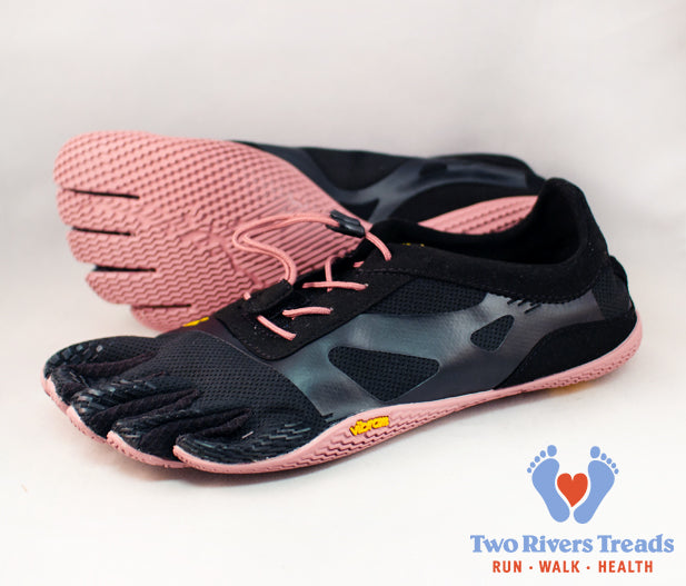 Black and pink Vibram FiveFingers Women's KSO Evo shoes with individual toe design and breathable fabric for a snug fit.