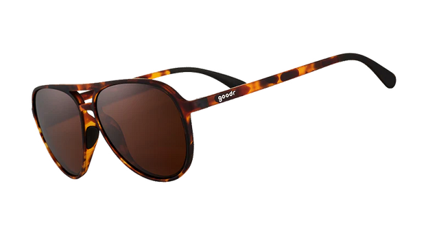 Goodr Amelia Earhart Ghosted Me sunglasses shown from the side, featuring transparent frames and stylish design.