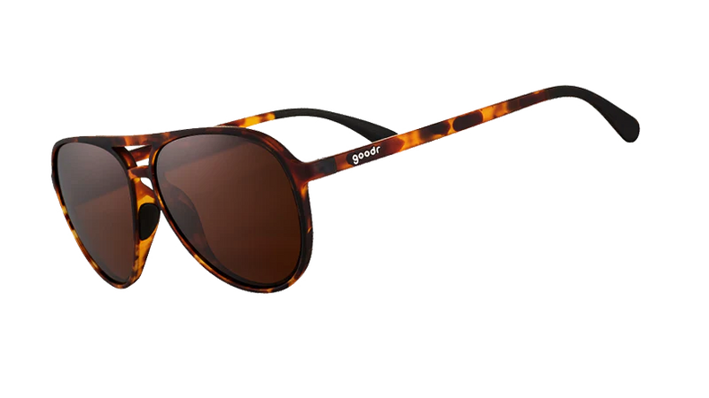 Goodr Amelia Earhart Ghosted Me sunglasses shown from the side, featuring transparent frames and stylish design.