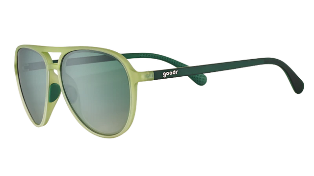 Goodr Buzzed on the Tower sunglasses with black frames and tinted lenses, shown from the side view.