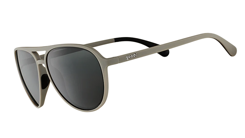 GOODR Clubhouse Closeout sunglasses with clear side panels, sporty design, and black frames, shown from a side view.