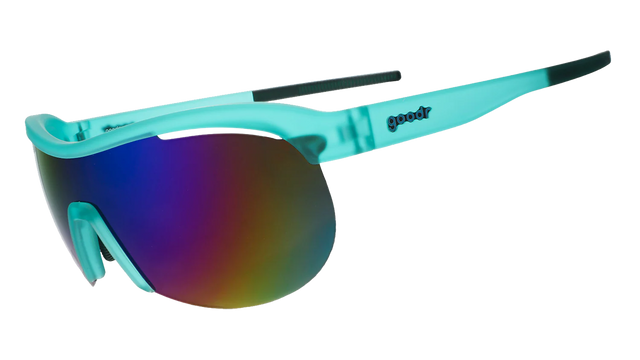 Side view of GOODR Cue Slow-Mo Montage sunglasses with transparent frame and dark lenses.