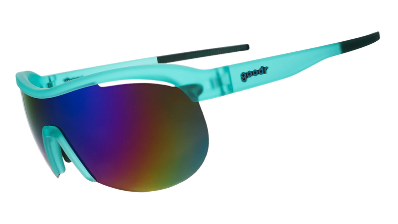 GOODR Cue Slow-Mo Montage sunglasses shown from the side with transparent frames and sleek design.