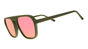 Side view of GOODR Dirty Martini Time Machine sunglasses with transparent frame and stylish design.