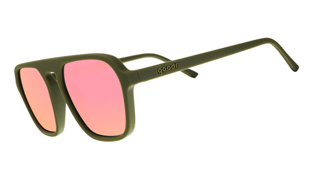 Goodr Dirty Martini Time Machine sunglasses with black frames and tinted lenses, shown from a side view.