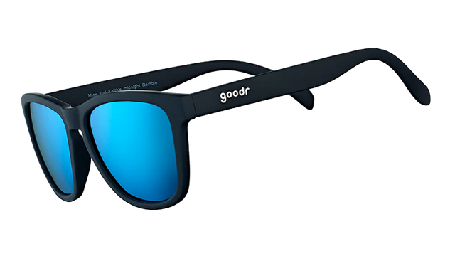 GOODR Mick and Keith's Midnight Ramble sunglasses with black frames and tinted lenses, side view showing distinctive design.