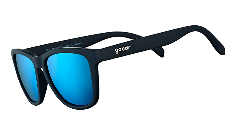 GOODR Mick and Keith's Midnight Ramble sunglasses with black frames and tinted lenses, side view showing distinctive design.