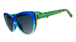 Goodr Rhonda's Peacock Palace sunglasses with transparent side panels and vibrant peacock-themed design.