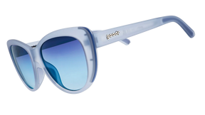 Goodr Spin Me In A Sapphire sunglasses with transparent side panels, stylish and sporty design.