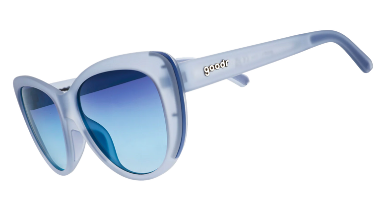 Goodr Spin Me In A Sapphire sunglasses with transparent side panels, stylish and sporty design.