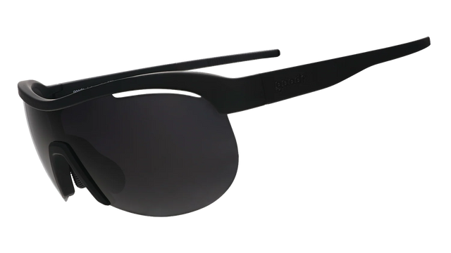 GOODR When The World Blurs sunglasses with transparent side panels and black frames, shown from a side angle.