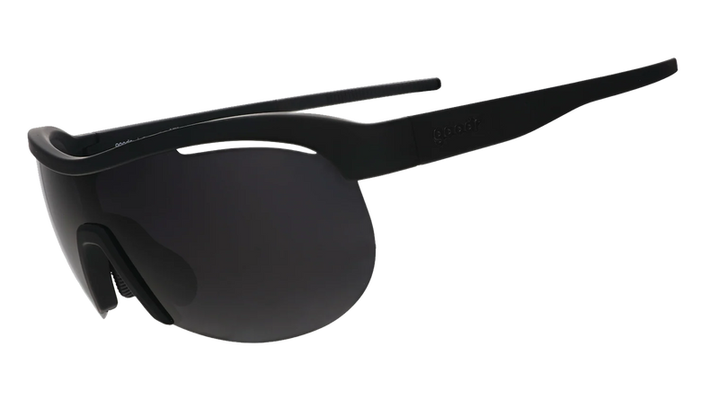 GOODR When The World Blurs sunglasses with transparent side panels and black frames, shown from a side angle.