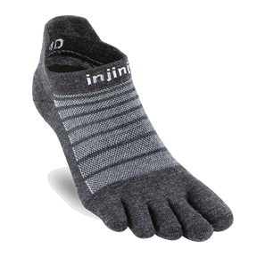 Injinji Run lightweight no-show wool socks in black, designed for comfort and breathability during running or athletic activities.