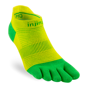 Injinji Run Lightweight No-Show socks in black, low-cut design with breathable fabric and toe separation for running comfort.