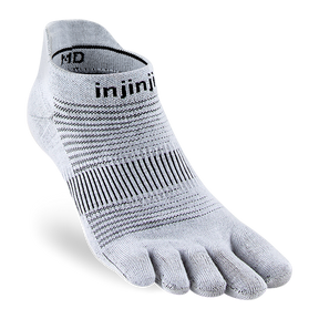 Injinji Run Lightweight No-Show socks in black, featuring breathable fabric and seamless design for running comfort.
