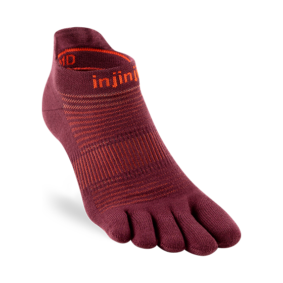 Injinji Run lightweight no-show socks in gray, featuring breathable fabric and seamless design for running comfort.