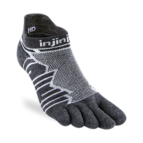 Injinji Ultra Run Midweight No-Show Wool socks displayed with a view of the front, showcasing the comfortable design and brand logo.