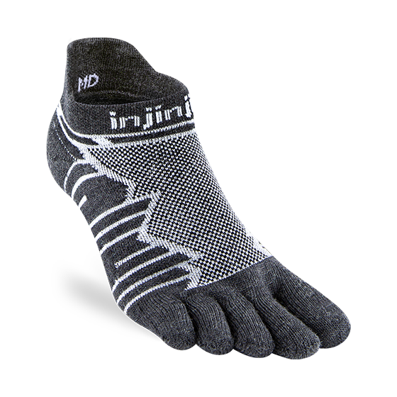 Injinji Ultra Run Midweight No-Show Wool socks displayed with a view of the front, showcasing the comfortable design and brand logo.