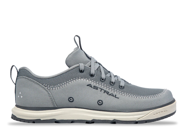 Astral Footwear Brewer 3.0 hiking shoe in lunar gray, showing the outside view with rugged sole and breathable upper material.