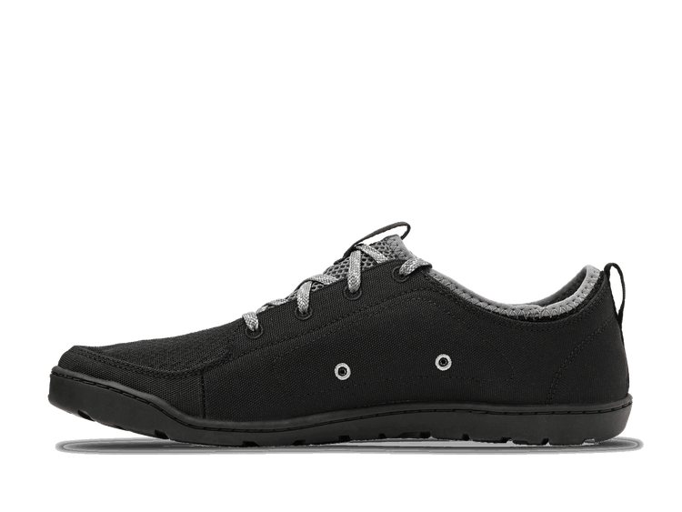 Astral Footwear Loyak men's shoes in space black, showing side view with inside detail and shadowed background.