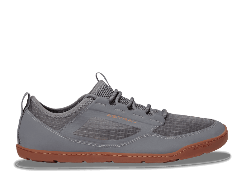 Storm gray men's Loyak AC shoes by Astral Footwear, shown from outside view with detailed stitching and sturdy sole.