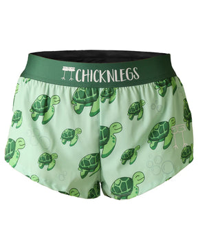 Women's 1.5-inch split running shorts by ChicknLegs with sea turtle print, lightweight and breathable for active wear.