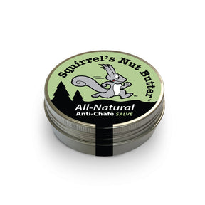 Squirrel Nut Butter All Natural Anti-Chafe 2 oz tin, green packaging, compact accessories for skin comfort and chafe prevention.