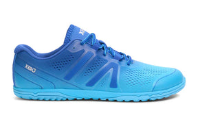 Xero Shoes HFS II men's blue and aquamarine gradient running shoes, right side view showing lightweight design and breathable material.