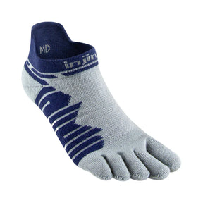 Injinji Ultra Run Midweight No-Show socks in cobalt color, calf-height design with seamless toe for running comfort.