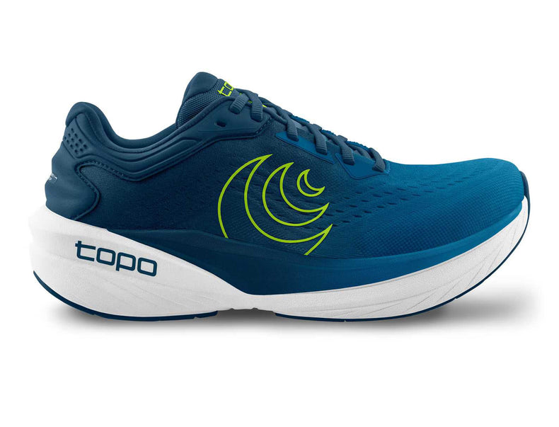 Topo Athletic Phantom 4 men's shoes in blue and lime with breathable mesh upper and supportive sole design.