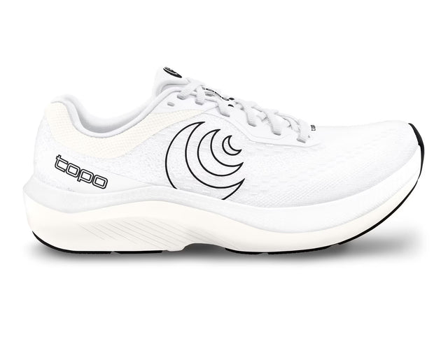 Topo Athletic Magnifly 6 men's running shoes in white and black with breathable mesh and cushioned soles.