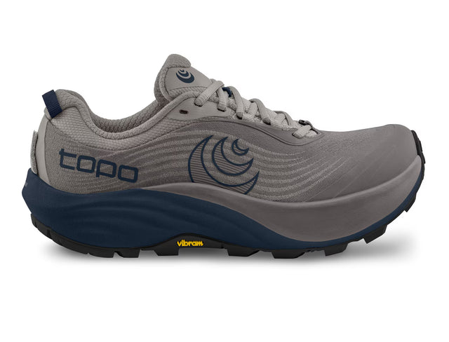Topo Athletic Pursuit 3 men's running shoes in grey and navy, featuring breathable mesh uppers and durable rubber soles.