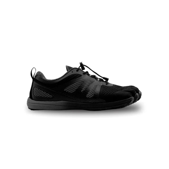 Men's Strand ATR shoes by Peluva in black, side view showing durable outdoor footwear with sturdy sole and sleek design.