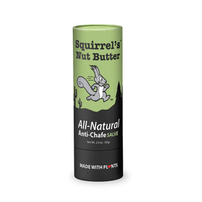 Squirrel Nut Butter all natural anti-chafe compostable 2 oz tube shown from the front, bright green packaging, accessories product.