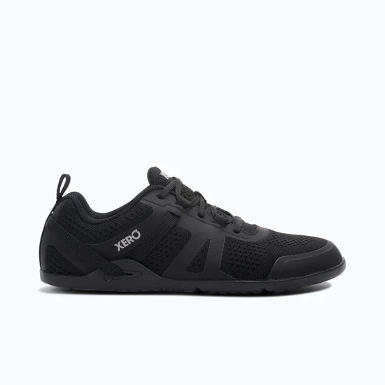 Xero Shoes Prio Neo men's black walking shoes shown from the right side, featuring a sleek design and durable outsole.
