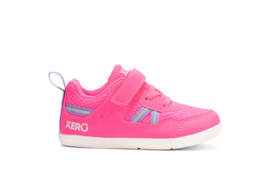 Xero Shoes Prio kids' pink athletic shoes, right side view showing durable design and comfortable fit for children